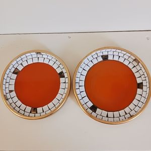 Groovy MOSAIC TILE DISH Set of 2, Vintage Round Orange n White Tile Trinket Dish